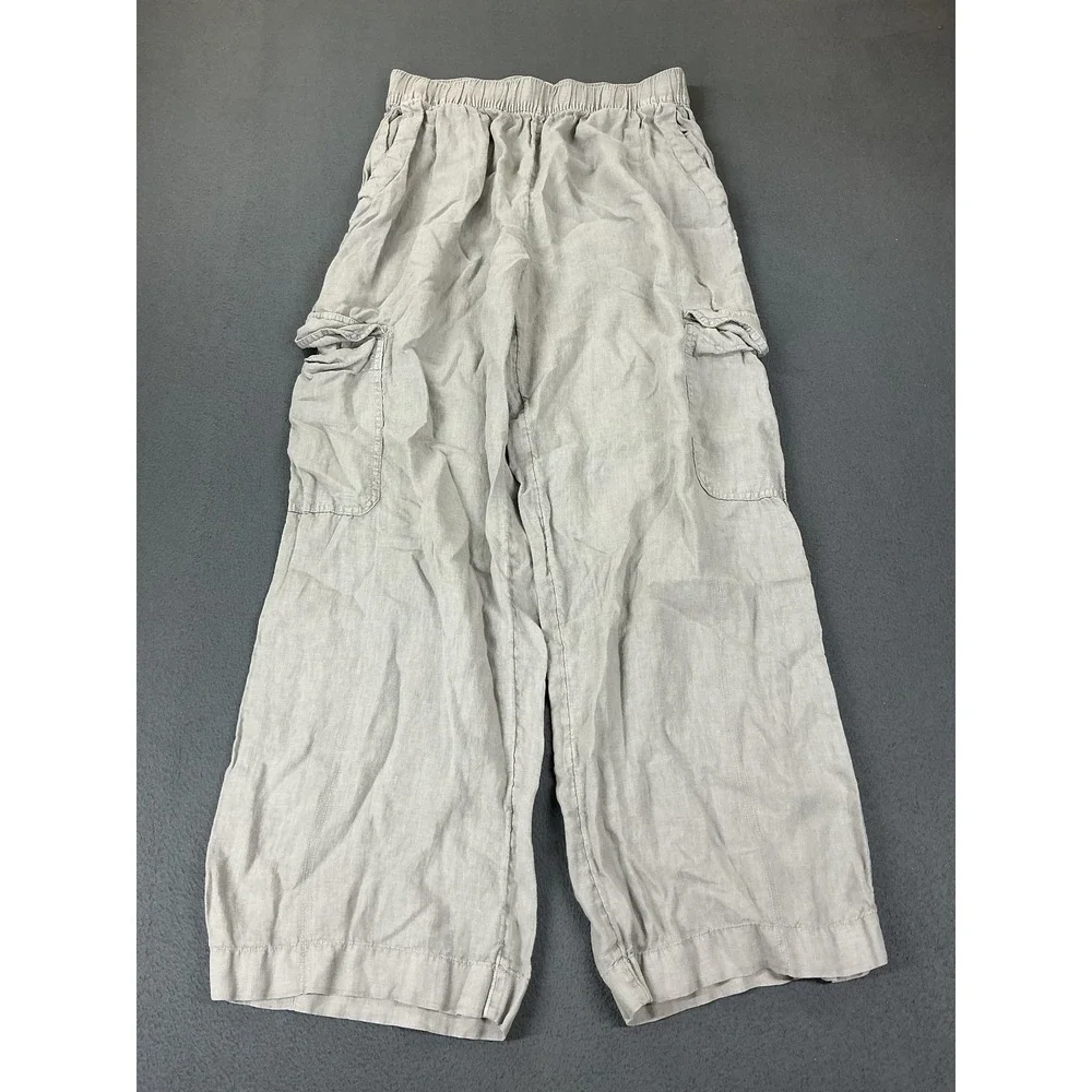 C&C California Pants Womens L Gray Linen Cargo Relaxed Elastic Waist Casual